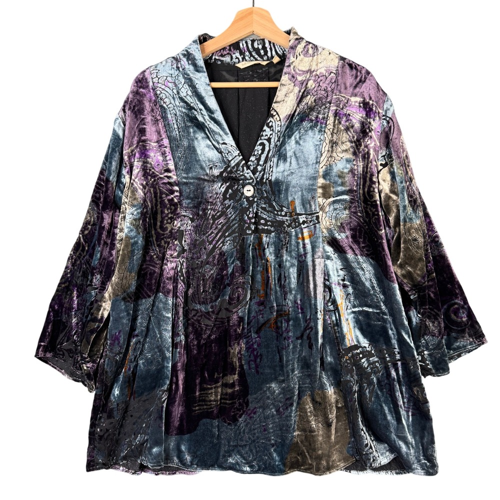 Soft Surroundings Velvet Burnout Paisley Blouse Top Blue Purple Silver Large